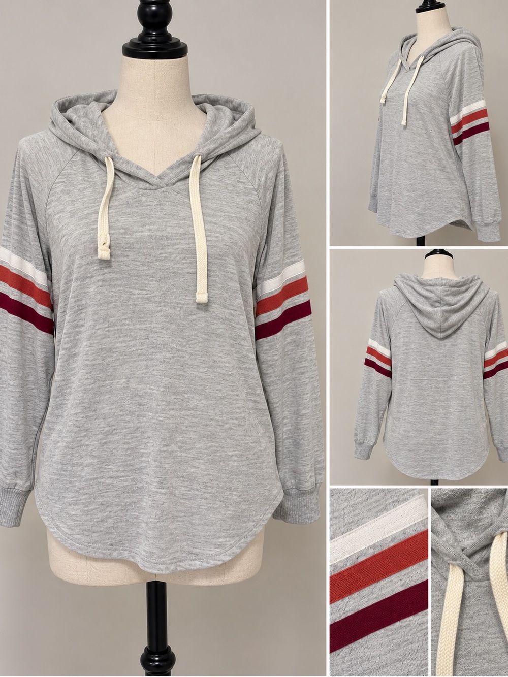 AVLN Studio Women’s L Cozy Grey Hoodie Top with Red Stripe Detail